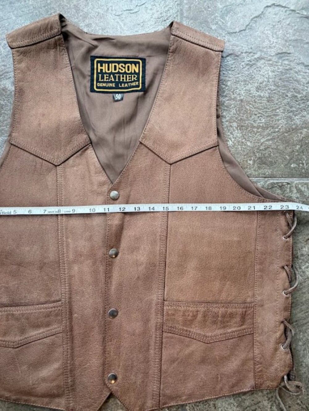 Hudson Leather Vintage Motorcycle Vest Brown Tan Side Lace Western Biker 50 - Picture 7 of 8